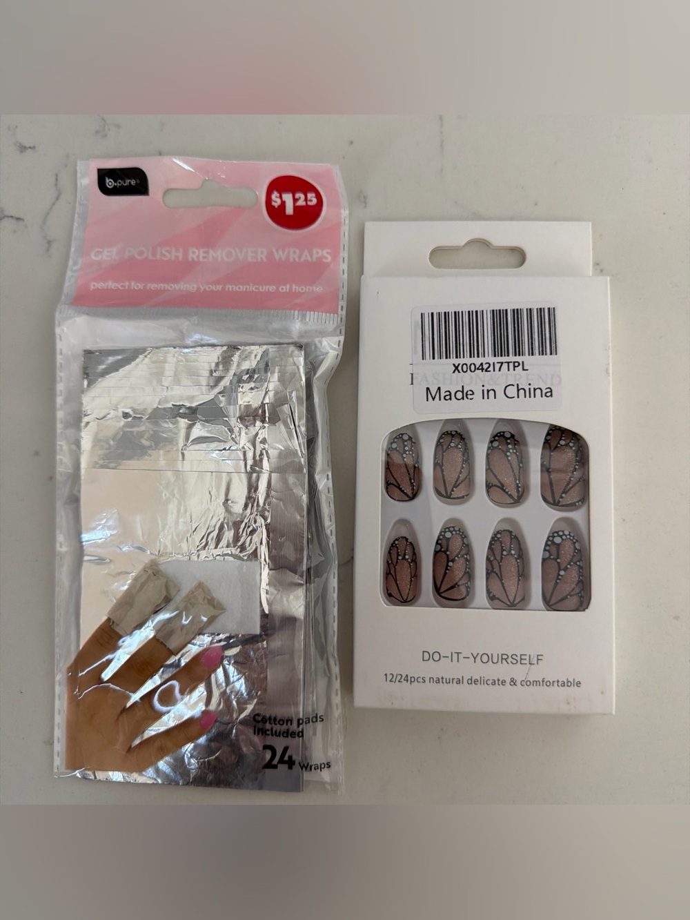 Pink Gel Polish Remover Wraps & Butreflt Press-On Nails Set